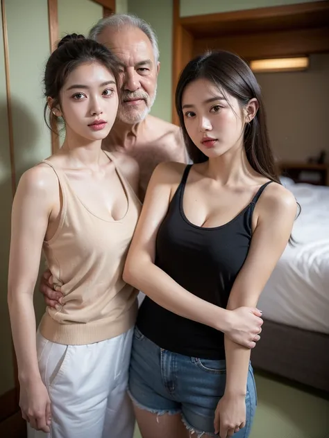 High resolution、High level image quality、high detail、masterpiece、realistic skin,、rough skitomically correct)、(two men and women standing together)、(( cute girl medium breasted woman_wearing a tanktop cleavage、7 Japanese male grandfather)）、((whole body_from...