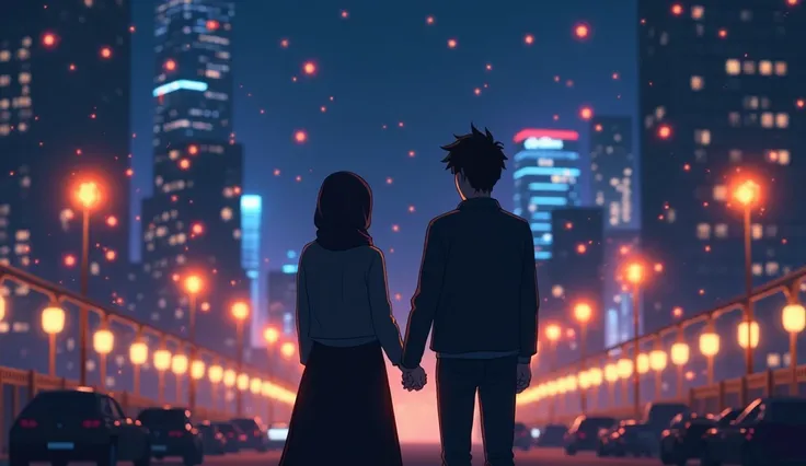 silhouette image of a woman in a hijab and a man holding hands, in the middle of the city at night, full of lights, the characters are just silhouettes, anime style, from back:1.5, extreme long shot:1.2, full body shot