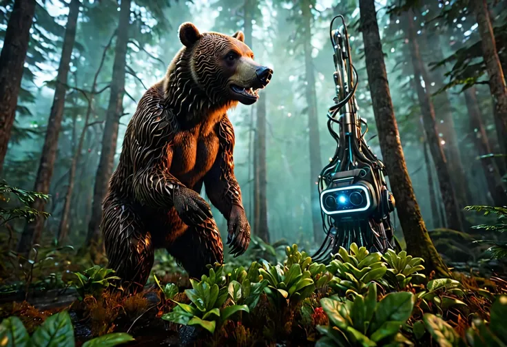 a robotic brown bear, catching alien tentacle salmon, alien forest, hyperrealistic, 8k, highres, detailed, photorealistic, cinematic lighting, moody atmosphere, dramatic composition, vibrant colors, dynamic movement, intricate textures, advanced 3D renderi...