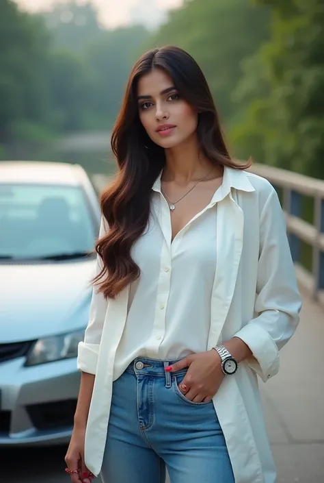 Beautiful pakistani women white shirt blue jeans pant full picture long hair white skin tone pink lipstick stand near of honda civic car silver chain in neck red stone ring in write hand rolex watch in right hand stand in bridge of river