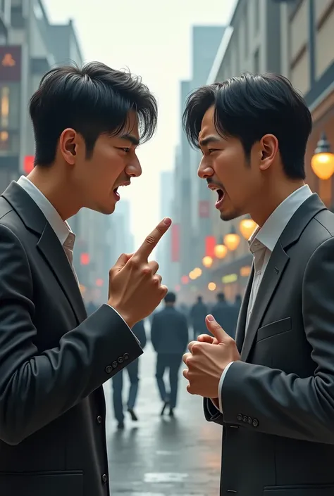 A realistic portrait of two modern Japanese men in their mid-20s, engaged in a heated argument. One is angrily pointing a finger at the other, while the other man looks frustrated, clenching his fists. They are standing in an urban setting, such as a stree...