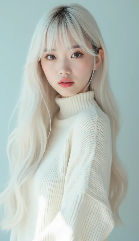 there is a woman with long hair and a white sweater, a pastel by Lü Ji, trending on cg society, rococo,  girl Chinese fashion silver hair, ulzzang, long white hair and bangs