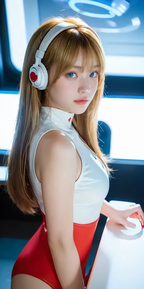 (Overhead view),dynamic angle,ultra-detailed, illustration, close-up, straight on, 1girl, 
 ((souryuu asuka langley, interface headset, red bodysuit:1.4, blonde)),Her eyes shone like dreamy stars,(glowing eyes:1.233),(beautiful and detailed eyes:1.1),(expr...