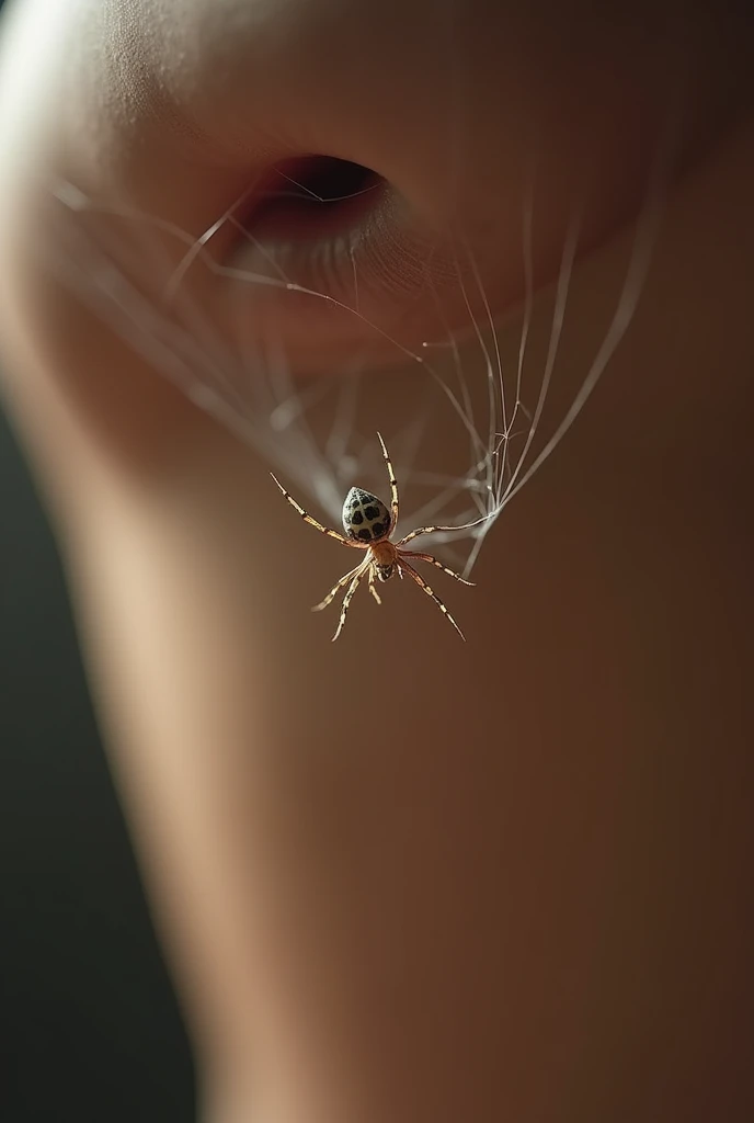 A small, life-sized spider slowly descending on its web toward a female belly button. The spider should be highly detailed and realistic, with its thin legs and delicate body clearly visible. The web should be fine and almost transparent, subtly standing o...