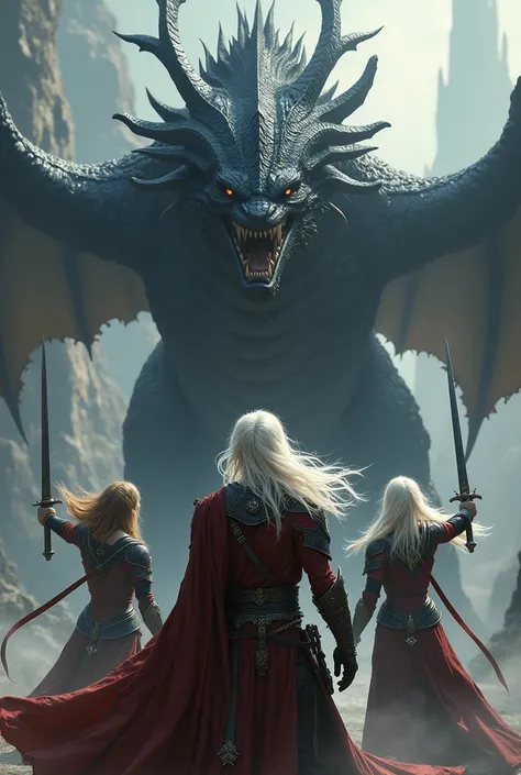 A man with platinum hair and two women with platinum hair holding swords, and a giant black dragon behind 


