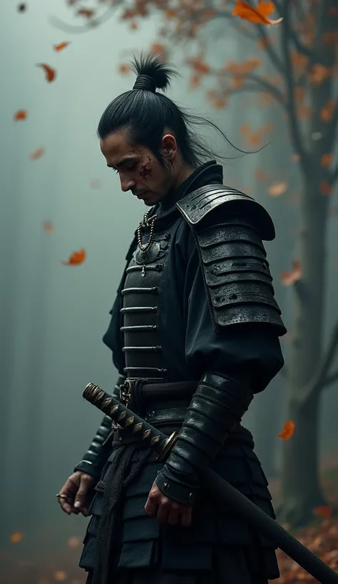 potrait intricate postures a samurai looks sad with a disappointed look on his face, his empty eyes look brooding, he is holding his katana, wearing black armor, cinematic, like in a movie, very detailed, low congtrast gray color, aura like full of disappo...