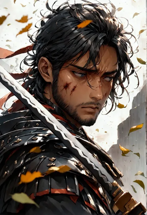 potrait intricate postures a samurai looks sad with a disappointed look on his face, his empty eyes look brooding, he is holding his katana, wearing black armor, cinematic, like in a movie, very detailed, low congtrast gray color, aura like full of disappo...