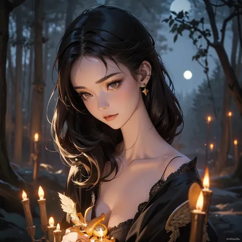 A beautiful witch with amber brown eyes, small slanted eyes, a small mouth, pale skin, a pixiecut shaved black hair, an eyebrow piercing, an ear piercing, sleeping in a nighttime forest, with an owl nearby, mushrooms scattered on the ground, a black cat, a...