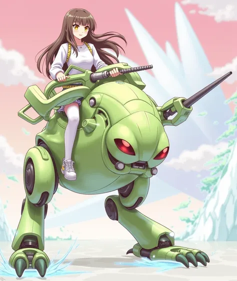  girl ridding a green robot with a gun, (hair swept bangs:1.3), (long brown hair:1.3), seapunk mecha, mecha, yellow eyes, weapon, gun, 1 humans, robot, mecha, anime style, from girls frontline, fine details. girls frontline, girls frontline universe, girls...