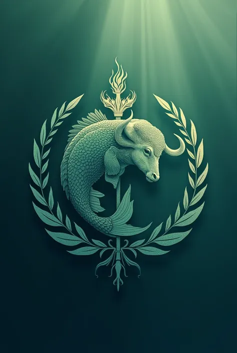 Design a logo featuring a unique combination of a fish and a water buffalo, adorned with a torch and laurel elements. Incorporate shades of green and blue to convey a sense of harmony and tranquility. Be creative and innovative in showcasing the fusion of ...