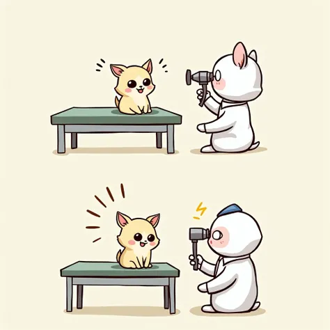 Chibi Style, 2-panel cartoon, dot halftone, Flat Color,Chihuahua undergoing eye examination,The color of the chihuahua is cream,smiling, 