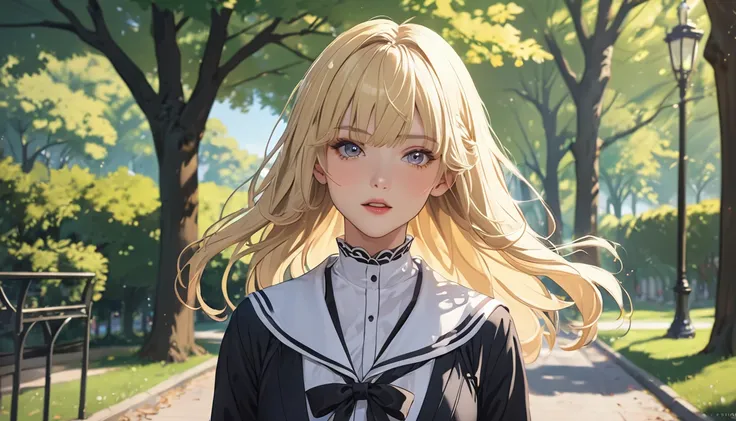 High resolution, masterpiece, accurate, Winner of numerous awards, Highest quality, One person, solo, Shortcuts, bangs, Blonde, Close-up, anime, anime風,Walking in the park