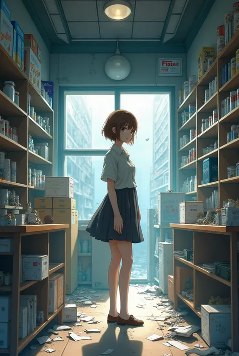 1 woman of 1.68cm with short brown hair in an abandoned anime style shop