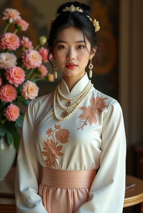 Thai-Korean woman wearing Thai dress from the reign of King Rama V,thai Traditional hair, with a floral pattern made of rosegold silk on a whitefabric,puffed sleeves,High neck and collar shirt , wearing multi-layered pearl necklaces, standing in an elegant...