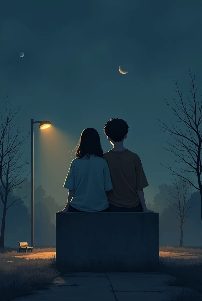 A boy and a girl sitting on a high step in a lonely park at night, with a single street lamp illuminating them from afar as the moon rises 