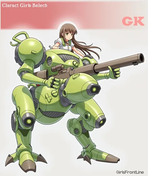  girl ridding a green robot with a gun, (hair swept bangs:1.3), (long brown hair:1.3), seapunk mecha, mecha, yellow eyes, weapon, gun, 1 humans, robot, mecha, anime style, from girls frontline, fine details. girls frontline, girls frontline universe, girls...