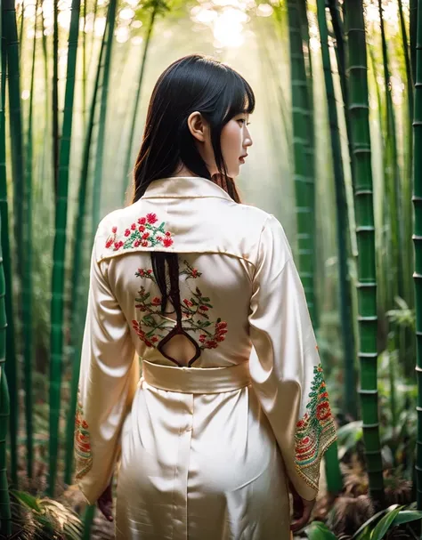 girl[Thai]A beautiful woman stands amidst a dense forest of mist. She wears an elaborate robe with nature-inspired embroidery and holds a[Bamboo walking stick] Her long dark hair, adorned with an intricate hair clip, flowed down her back. Soft light filter...