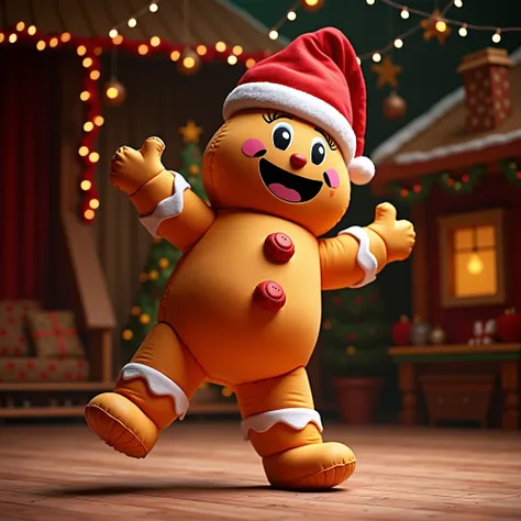 an actor with Inflatable gingerbread man  custome  on a Christmas Show Stage, (Practical, RAW photos, Super Fine), Practical Light