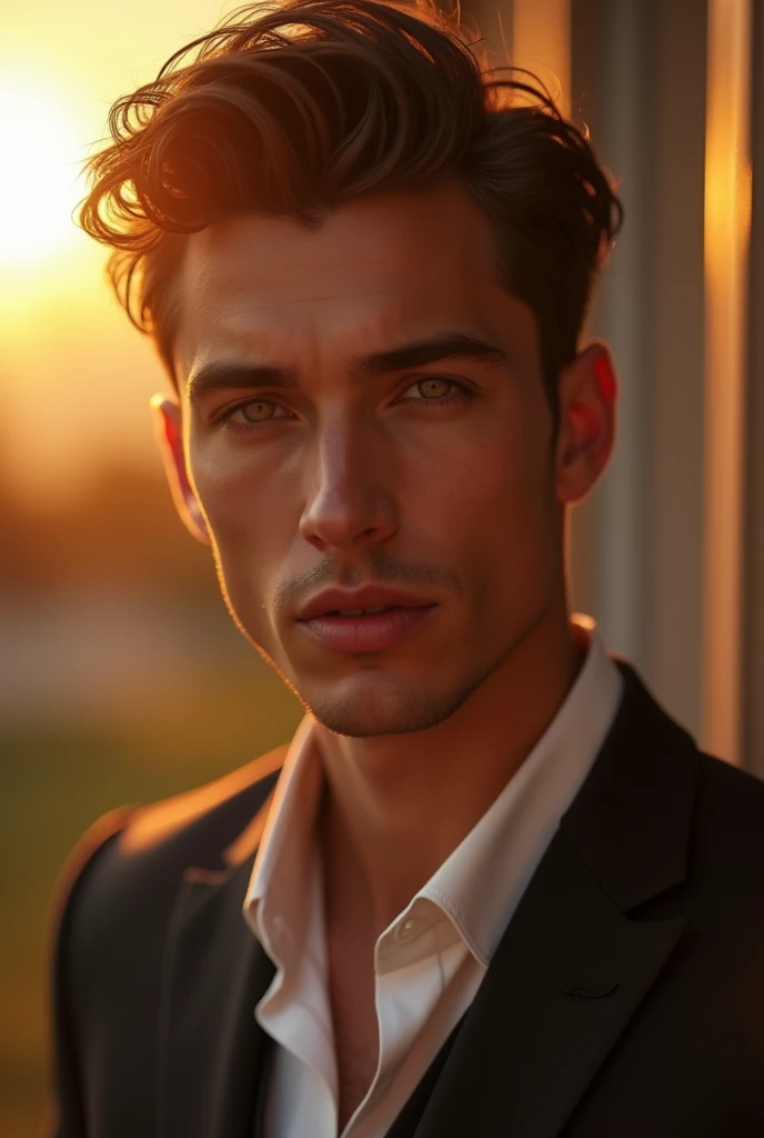 a handsome young man, beautiful detailed eyes, beautiful detailed lips, extremely detailed face, longeyelashes, mesmerizing gaze, stylish outfit, outdoor setting, golden hour lighting, cinematic composition, dramatic lighting, vibrant colors, photorealisti...