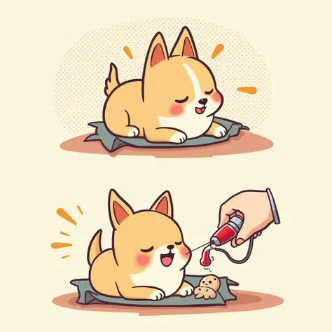 Chibi Style, 2-panel cartoon, dot halftone, Flat Color,Chihuahua having blood drawn,Chihuahuas are cream colored,smile, 