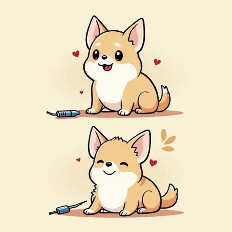 Chibi Style, 2-panel cartoon, dot halftone, Flat Color,Chihuahua having blood drawn,Chihuahuas are cream colored,smile, 