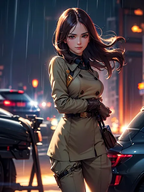 (at night), in a video game scene in the background a beautiful city at night raining, alone, alone, Standing at attention, pink suit, womans military suit, semi-long hair, ((semi-long hair)), 1 girl, 20 years old, young woman, perfect hands, beautiful fin...