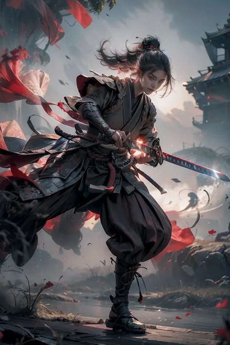 masterpiece，16K，high quality，Artwork by，Samurai Spirit，1 person，Red Theme，smog，Floating Weapons，Long sword，Bright light，Light background，Handsome face，Delicate face，Vibrant Texture，Photos taken with Sony cameras，Cinema Lighting，Full Body Lesbian，walk，