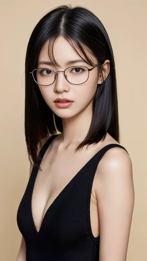 (Highest quality:1.5), (Real:1.4), (Ultra high definition:1.4), (No correction:1.4), (skinny Japanese woman with average size breasts standing front plain background in studio), (A woman wearing black-rimmed glasses), (Very small eyes), (breasts of average...