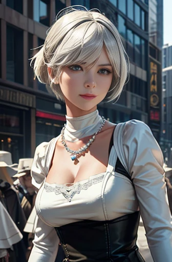 8k, ultra realistic, masterpiece, best quality, ultra detailed, beautiful face, beautiful skin, photorealistic, (professional lighting:1.2), nier_automata, 2B, light smile, pearl necklace, looking at viewer, cowboy shot, focus on face, ultra sharp, on stre...