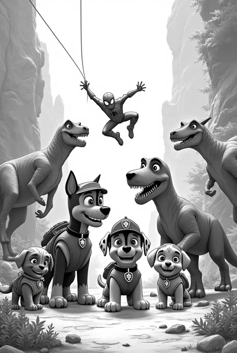 I want an image that contains the paw patrol,dinosaurs and spiderman together No color
