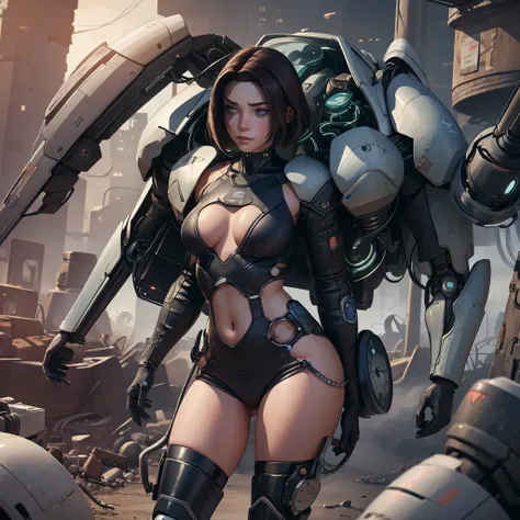 ((best quality)), ((masterpiece)), (in detail), 1 girl, semi-naked, candid pose, dark hair, science fiction, techno, cybernetics,, post-apocalypse, role-playing game