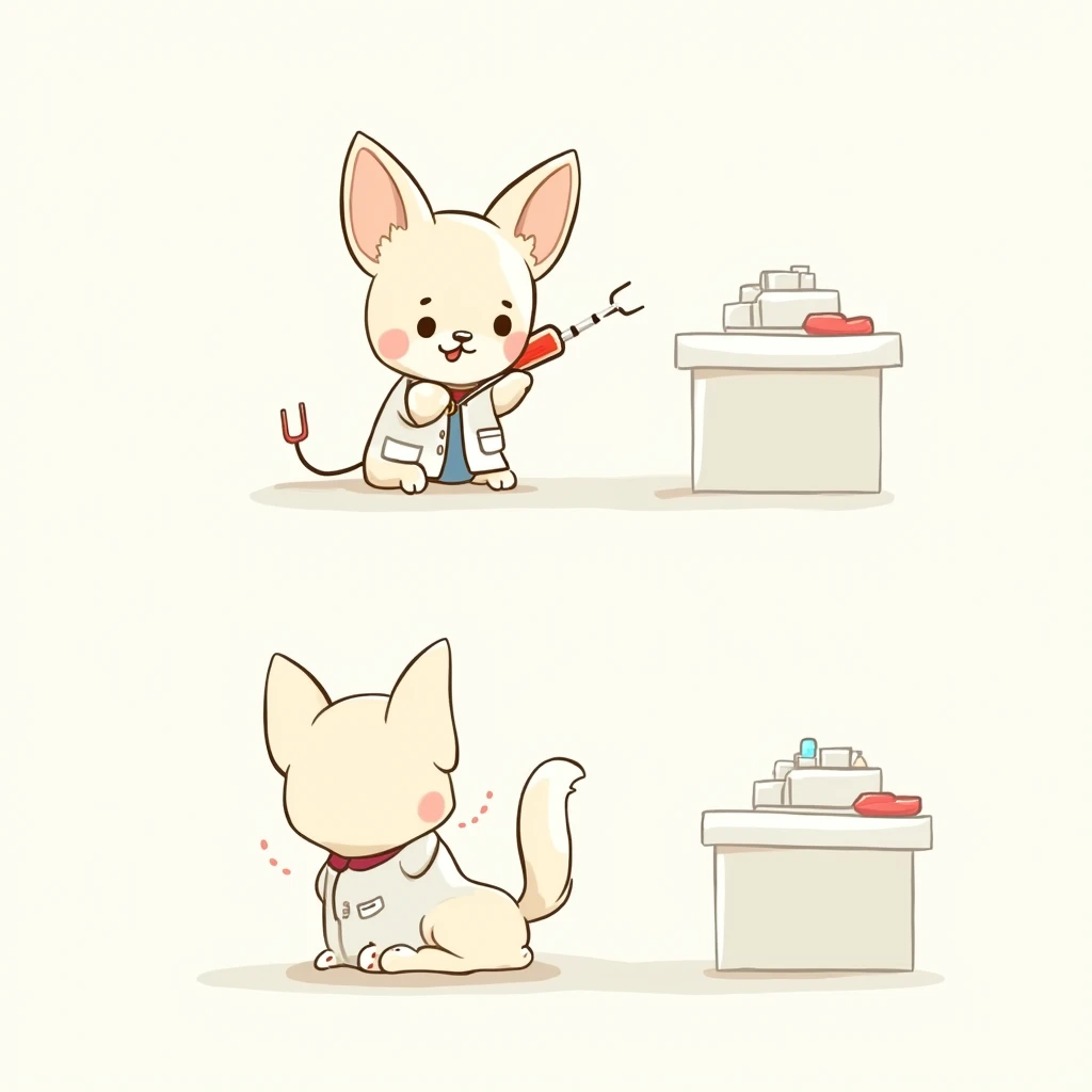 Chibi Style, 2-panel cartoon, dot halftone, Flat Color,Chihuahua having blood drawn by doctor,Chihuahuas are cream colored,smile, 