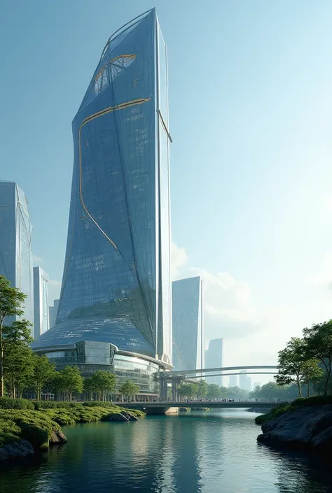 Futuristic Skyscraper 500m office residence mall lake bridge