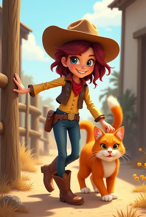 Cowgirl swiging cat tail, orang cat, a girl grab a tail of orange cat, smile