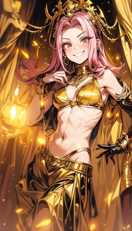 A smug narcissistic pink haired woman wearing a golden bra and golden pants and lots of jewelry flaunting herself