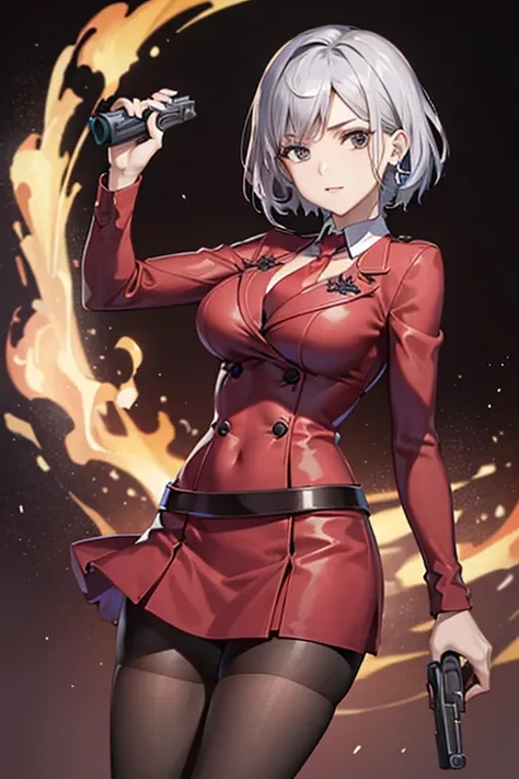 Highest quality、Ultra HD、One Woman、(Silver short hair)、(Red blazer 1.3)、(Red tie)、(shirt)、(Red Heel 1.1)、((Red Mini Tight Skirt))、((Black tights 1.2))、((Shooting with a gun in each hand.5))、Stylish、Beautiful Faces、(Black belt 1.2)、2 female、Glamorous Body、(...