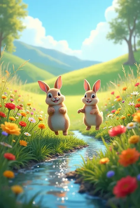 A bright, sunlit meadow filled with wildflowers of various colors. A small sparkling stream flows through it.  2 paws of rabbits 
