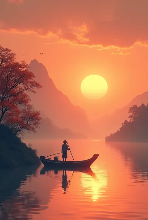 Sunset fills the sky， birds fly，The river connects the distant sky，The fisherman is on board，Spectacular scenery，Autumn bleakness，Artistic beauty，Vision，Chinese style，8k
