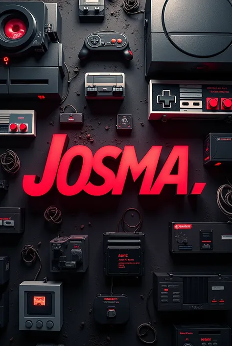 YouTube cover with name josma.sv in red and black with a background of computers and PlayStation nes controls