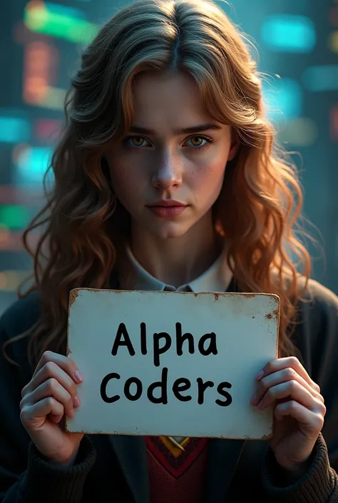 a detailed portrait of Hermione Granger holding a sign that says "Alpha C0ders" with a background of Python and JavaScript programming themes, highly detailed, photorealistic, cinematic lighting, dramatic composition, digital art