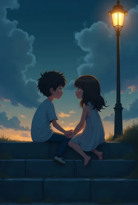 A boy and a girl sitting holding hands on a large, high step at night with a cloudy sky and a street lamp illuminating the scene in the background. 