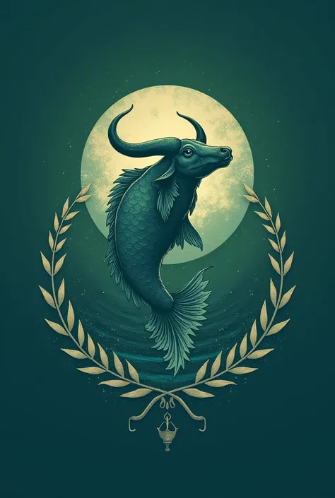 Design a logo featuring a unique combination of a fish and a water buffalo, adorned with a torch and laurel elements. Incorporate shades of green and blue to convey a sense of harmony and tranquility. Be creative and innovative in showcasing the fusion of ...