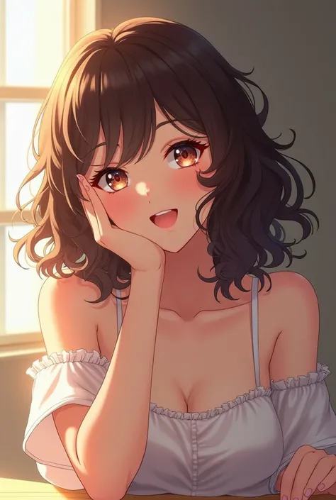 anime girl, sitting, face resting on only one hand, anime artstyle, curly hair, realistic, morning lighting, fluffy hair, happy expression, seductive look, posing for camera, magazine cover, vogue, album cover, clean, simple, portrait shot, one hand on fac...