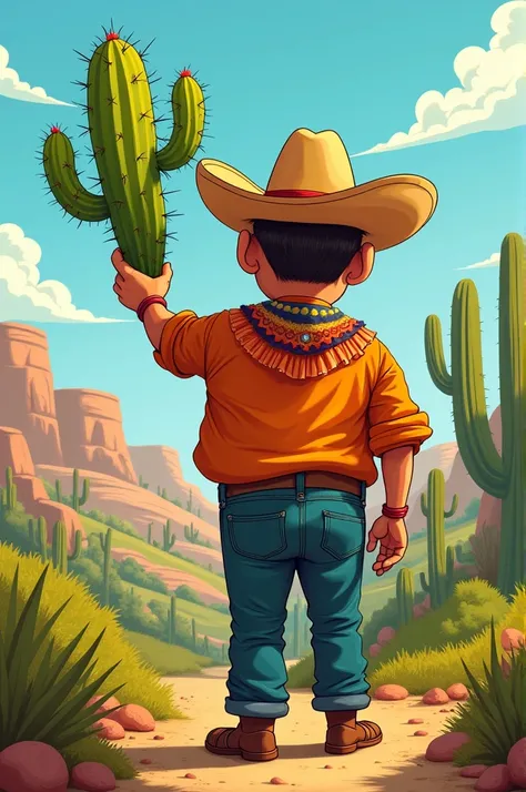 Campesino from behind, cartoon and with his left hand raised holding a cactus