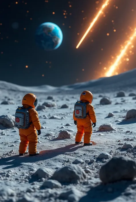 Lunar Surface，Ultra-realistic，high resolution，Space probe，遠くにLunar Surface探査員が2人，There is a blue globe in the background，Shooting stars are falling violently in the background，The shooting star shines golden，Lunar Surface探査員は小柄ふっくらLunar Surface調査員の服はオレンジ色