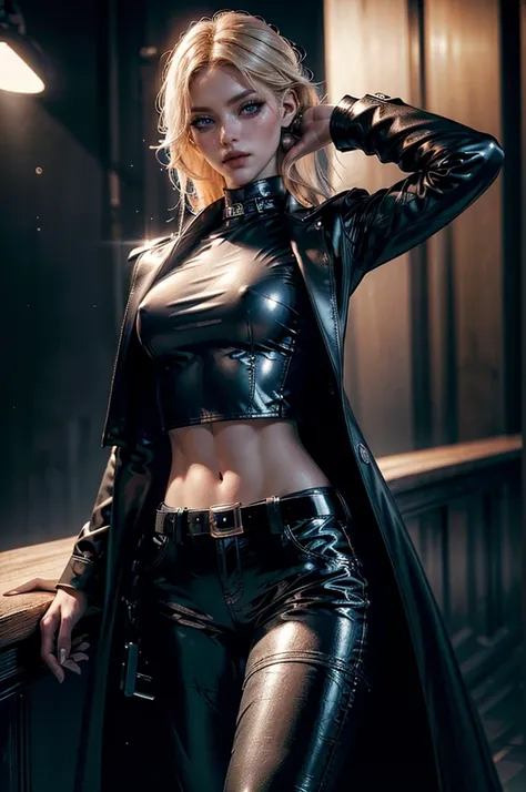 cowboy shot,a pretty 2 girl,blond hair,blue eyes,lora_Emma,slim athletic body,tight and stretched white blouse with buttons,button gap,short sleeves,ultra low rise black shiny latex pants,(double metal belt),empty studiobackground,((black coat on shoulders...