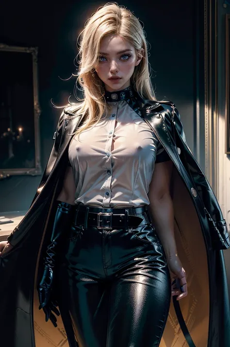 cowboy shot,a pretty 2 girl,blond hair,blue eyes,lora_Emma,slim athletic body,tight and stretched white blouse with buttons,button gap,short sleeves,ultra low rise black shiny latex pants,(double metal belt),empty studiobackground,((black coat on shoulders...