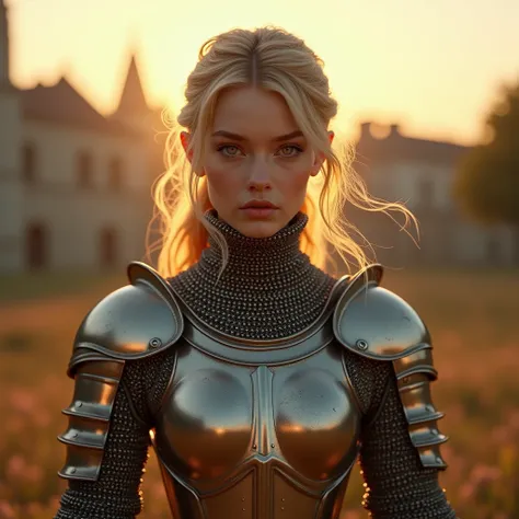 (masterpiece), (extremely intricate:1.3), (realistic), portrait of a girl, the most beautiful in the world, (medieval armor), metal reflections, full body, outdoors, intense sunlight, far away castle, professional photograph of a stunning woman detailed, s...