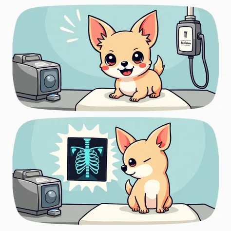 Chibi Style, 2-panel cartoon, dot halftone, Flat Color,Chihuahua undergoing X-ray examination,Chihuahuas are cream colored,smile, 