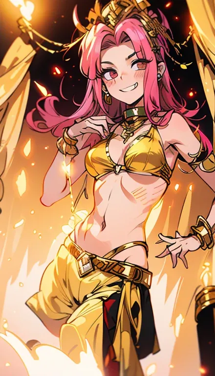 A smug narcissistic pink haired woman wearing a golden bra and golden pants and lots of jewelry flaunting herself